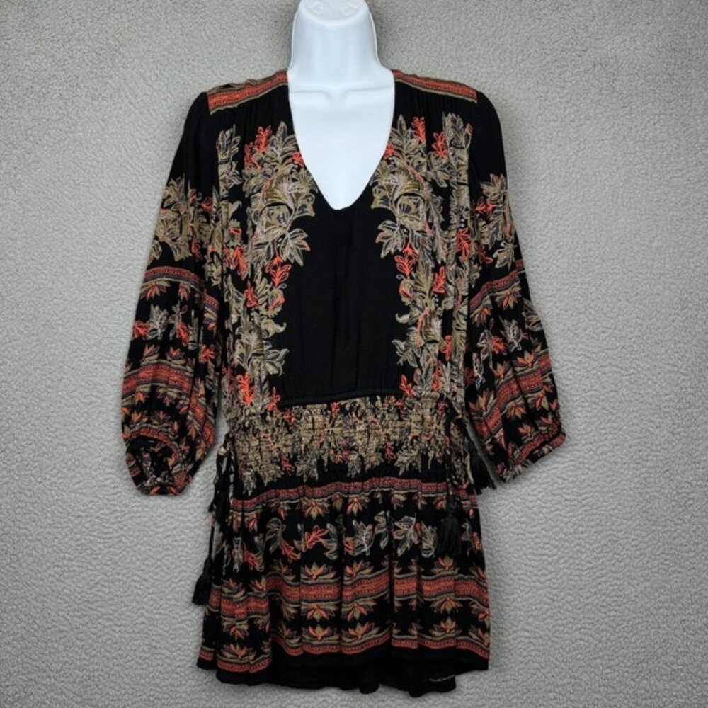 Free People Dress Womens Small Black Moonlight Drive Mini Printed Boho Festival
